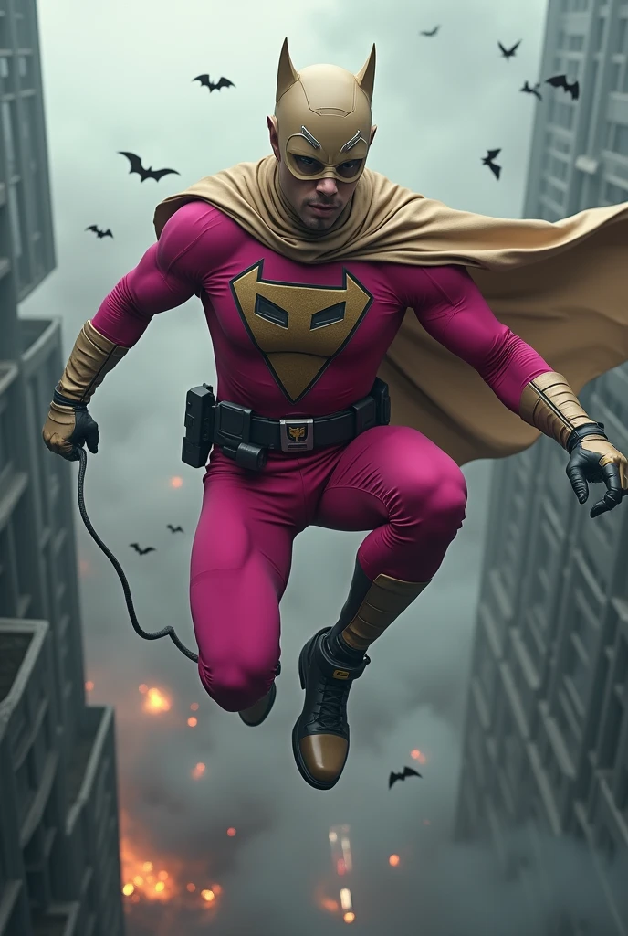 Malaysia man in high-tech suit, vivid effects, malaysian superhero (KELUANG MAN) in a striking pink and beige costume cyberpunk design, mask small mini bat ear beige, daredevil beige mask, jumpsuit dark pink stands confidently in a dramatic.jumping from high place.hero costume.one hand rise up. Big triangle logo on the chest.high detail Punisher logo on the chest. Fighting pose , stormy landscape. ((Head covered node guard like batman. Running pose , athletic body type, small mini ear bat mask))The character wears domino mask a helmet with pointed mini torn ears and a flowing cape biege, open nose and mouth. Equipped with visible futuristic weapons on a belt,bullet proof jacket pink dark day.show fingers pose, dark night, big supermoon effect . Small logo on chest triangle shape small punisher logo center triangle cyber logo center on chest pink logo mini logo . rocky. Building top.smoke ground , bomb effect background, losse pants, losses costume.adding to --ar 3:4 --style raw --stylize 500 --v 6.1. chaos. Lot of small flying bat. One leg on the high stone. Man . Real man age 40 year old. One hand holding belt.one hand holding black rope hanging on building