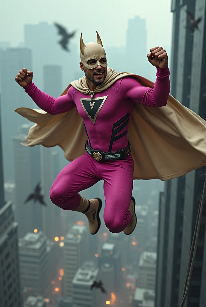 Malaysia man in high-tech suit, vivid effects, malaysian superhero (KELUANG MAN) in a striking pink and beige costume cyberpunk design, mask small mini bat ear beige, daredevil beige mask, jumpsuit dark pink stands confidently in a dramatic.jumping from high place.hero costume.one hand rise up. Big triangle logo on the chest.high detail Punisher logo on the chest. Fighting pose , stormy landscape. ((Head covered node guard like batman. Running pose , athletic body type, small mini ear bat mask))The character wears domino mask a met with pointed mini torn ears and a flowing cape biege, open nose and mouth. Equipped with visible futuristic weapons on a belt,bullet proof jacket pink dark day.show fingers pose, dark night, big supermoon effect . Small logo on chest triangle shape small punisher logo center triangle cyber logo center on chest pink logo mini logo . rocky. Building top.smoke ground , bomfect background, losse pants, losses costume.adding to --ar 3:4 --style raw --stylize 500 --v 6.1. chaos. Lot of small flying bat. One leg on the high stone. Man . Real man age 40 year old. One hand holding belt.one hand holding black rope hanging on building