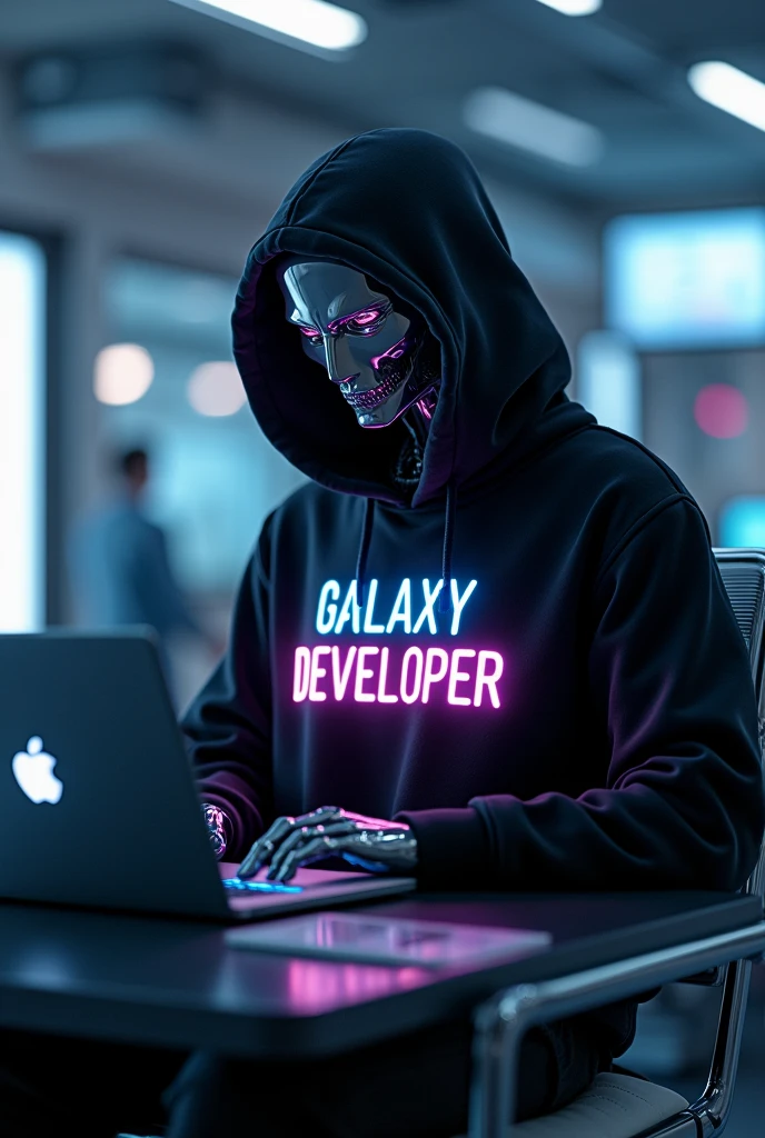 GIVE A FUTURISTIC BACKGROUND ON WHICH A ROBOT HUMANOID SITTING DOING CODING ON A
Open LAPTOP , wearing a BLACK HOODIE WHICH HAVE A TEXT APPEAR IN NEON COLOR TEXT IS
"G Y L A X " " DEVELOPER " IN CLEAR WORDS VISIBLE TO US
IT SHOULD BE IN capital letter,,
Robot face half covered with hoodie