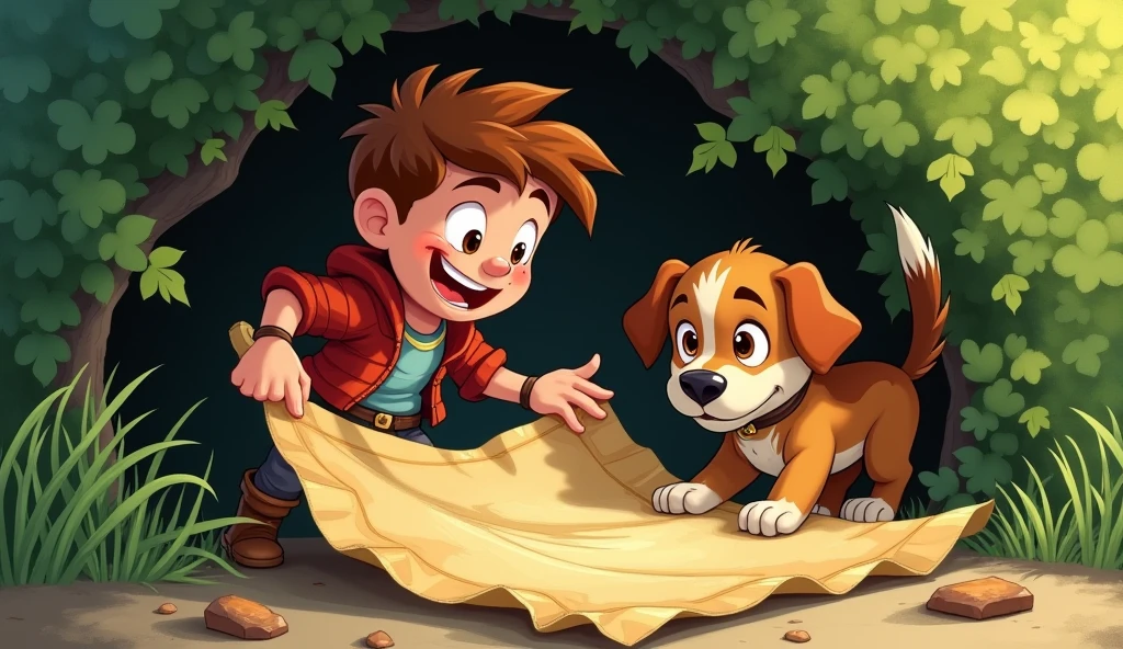 Timmy and Max find an old, crumpled map under a bush. Timmy is holding the map excitedly, and Max is sniffing it curiously.