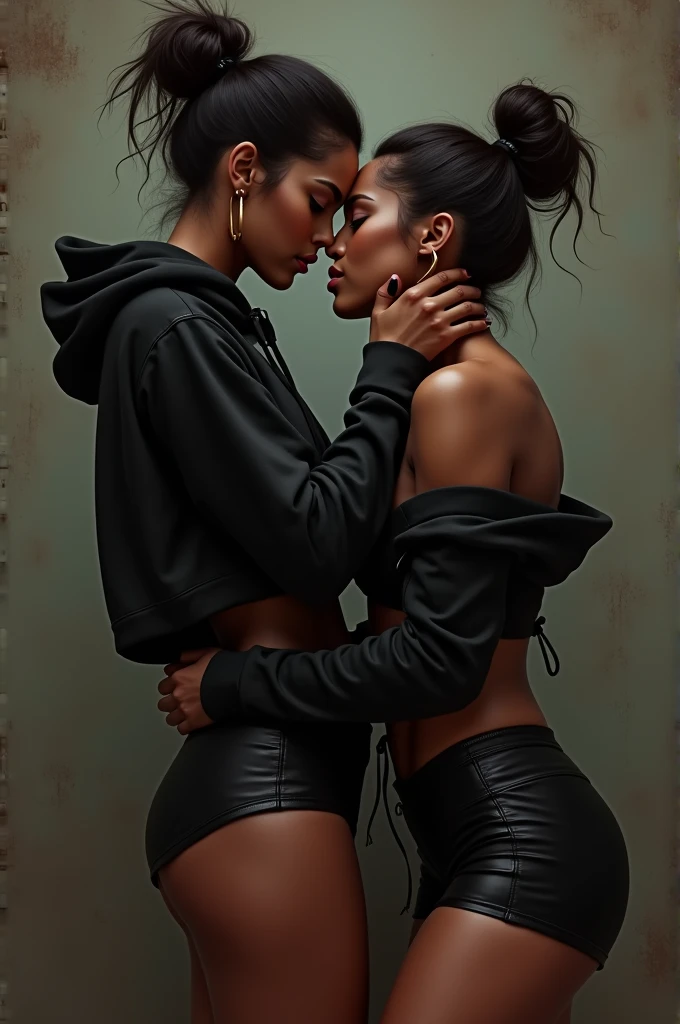 black woman hair in a bun black hoodie black leather short shorts a old grandma in a dress in between her legs kissing her pussy