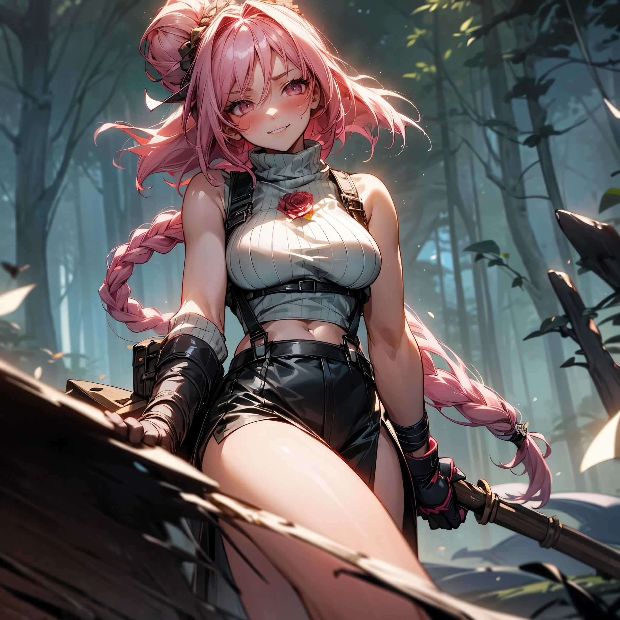 1female, sexy, big breast, young adult, finely detailed rose eyes, wild long hair, braided hair, fluorescent rose color hair, adventurer gear, suspenders, sleeveless crop top sweater, baggy combat skirt, night time, dark forest, happy expression, flowers, blushing, standing on path, lanturns, black armband, mma gloves