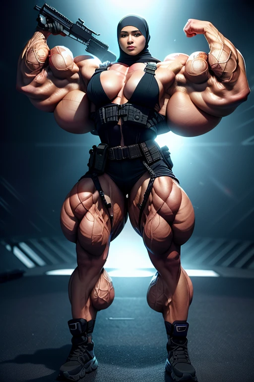 Photorealistic, high resolution, 1 malay woman in hijab, Solo, Hips up, Battlefield background,view the viewer, (Detailed face), White hijab, SWAT vests, sniper rifle handle, Naked, bulletproof vest, Holding an assault rifle, M16, Inside the city of Kuala Lumpur, Very detailed, Perfect face, Black eye, jewelry, muscles shredded, veins everywhere
HDR, perfect body view, girl nude, full naked, (Detailed body), Sharpen, shoulders, biceps, triceps, chest, breasts veined, abdomen, pussy veins, Lifelike,masterpiece