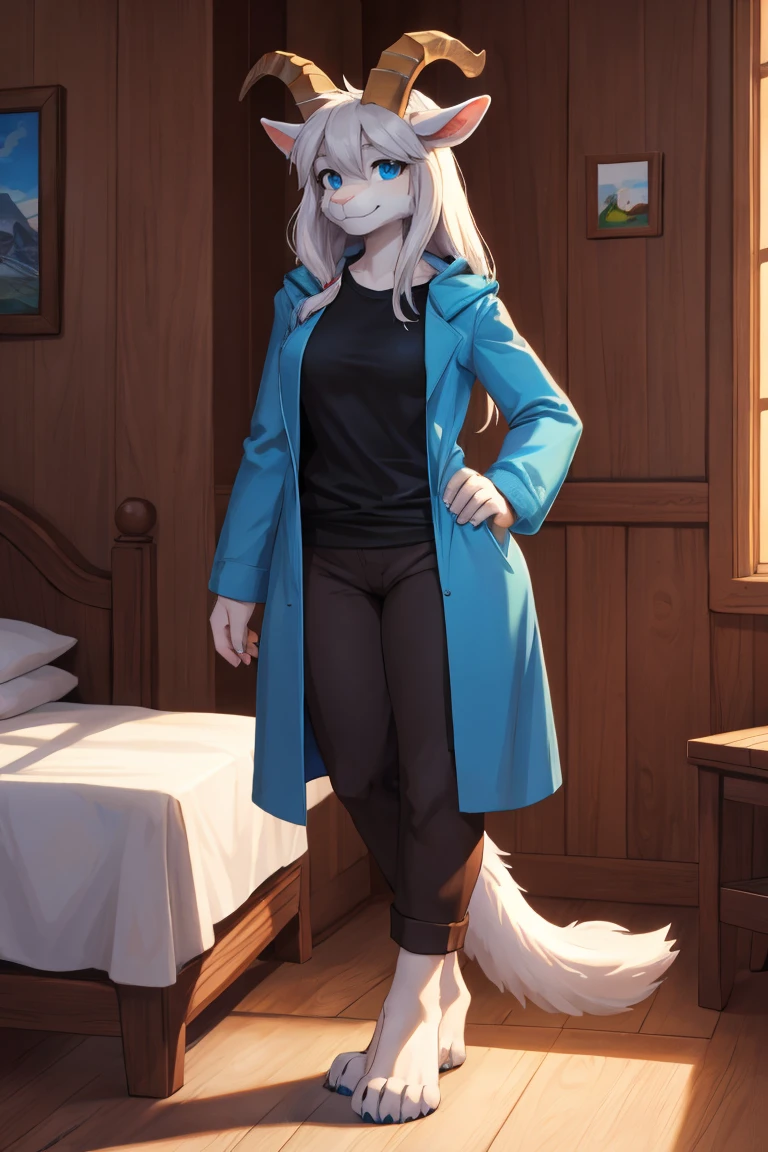 woman, alone, in a house, furry, Goat, anthropomorphic goat, Asriel, Undertale, medium breasts, big ass, medium wide hips, perfect body, tall, long hair, blue eyes, anthro face, cartoon, smile, blue coat, black t-shirt, brown pants, long tail, looking at the viewer, bare feet, anthro feet, wide feet, detailed, best quality, Best detail, details and quality.