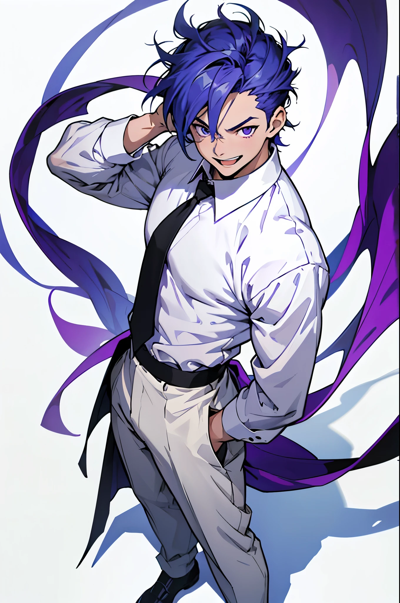 Purple eyes, Blue Hair, One man, (View your viewers), (alone), masterpiece, Highest quality, White Background, White shirt, Black slacks, smile, Light-filled eyes, Open your mouth, Anime-style images, Full Body, Are standing, Cel painting