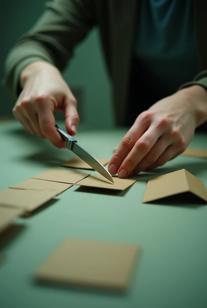 cutting cardboard squares with scissors, You can only see the hands doing the work on a table and with a subtly green aesthetic filter
