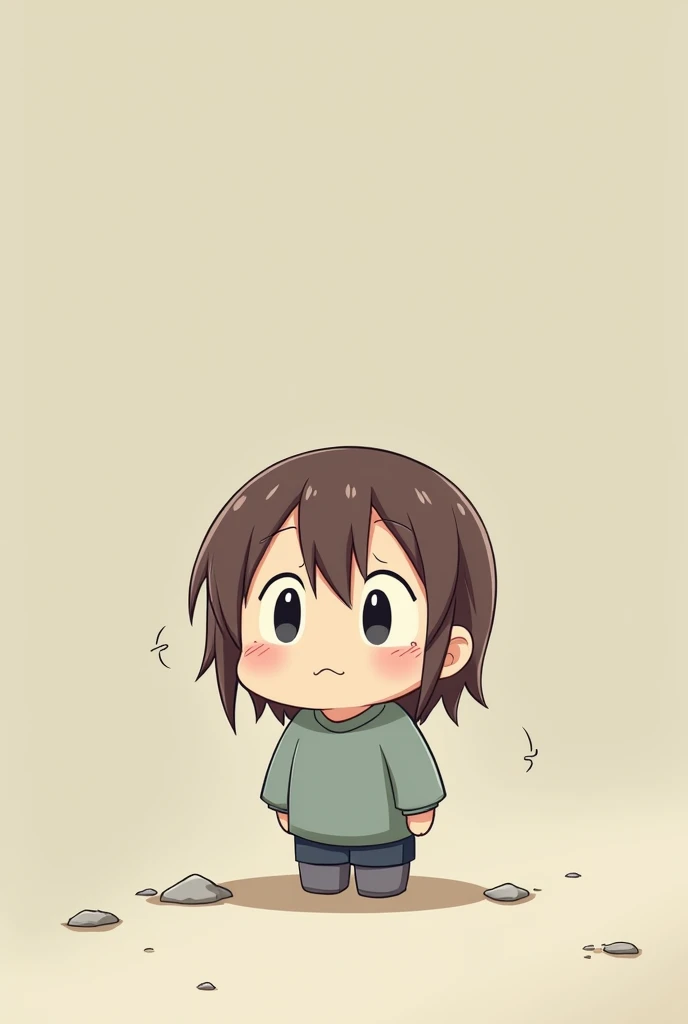 Draw a comic of a tired chibi in anime style with brown hair standing and looking about