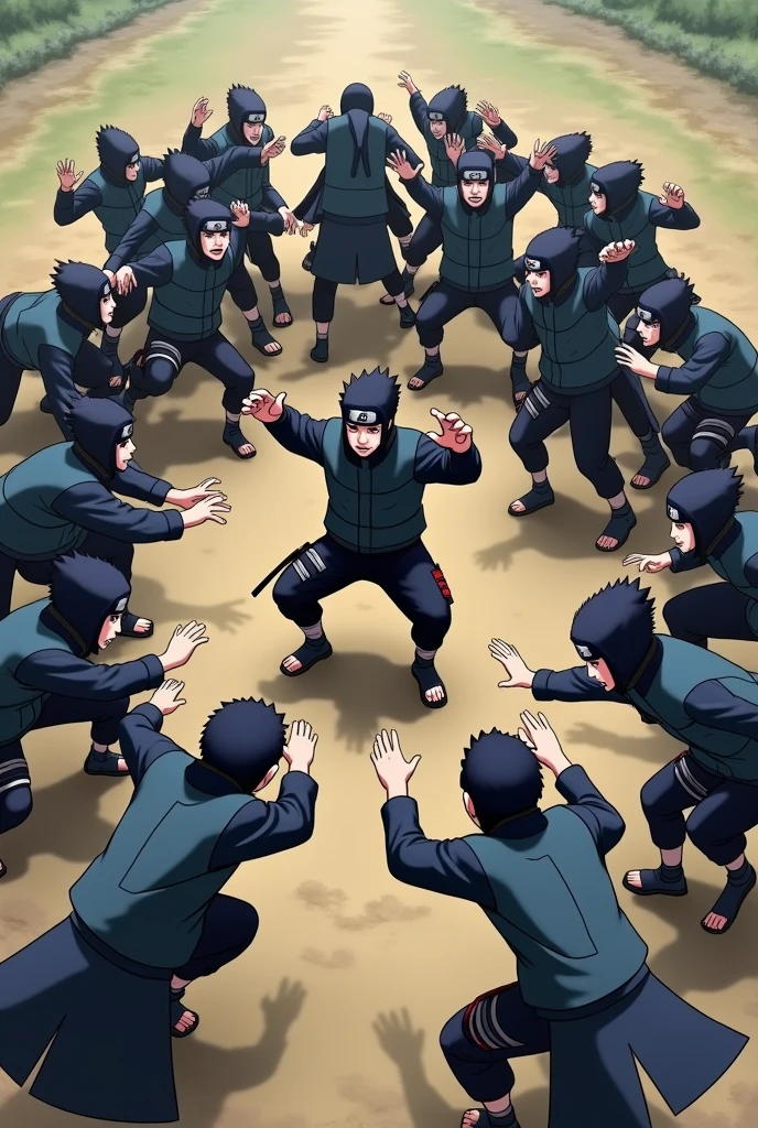 Naruto multiplie les clones de l'ombre (Kage Bunshin no Jutsu), entourant Kakashi de toutes parts. Chaque clone fonce avec des coups rapides et des tentatives de saisie, espérant créer une ouverture. sur kakashi