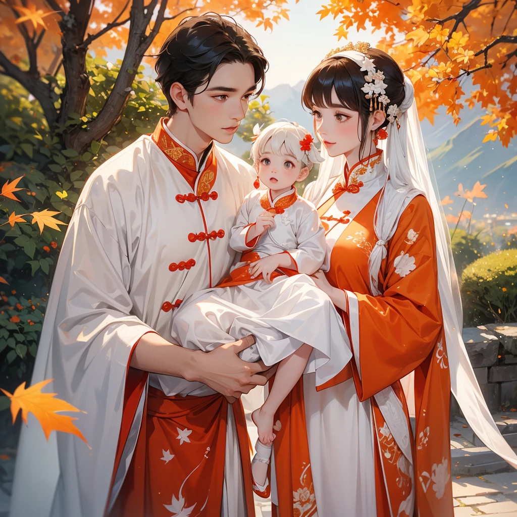 A one-year-old baby boy in white ancient Chinese baby costume with his beautiful mother, dressed in an white ancient Chinese costume, The backdrop is a mountain that turns orange-red in spring, and maple leaves fall from the trees, playing with each other, with his handsome father standing next to his mother, close up