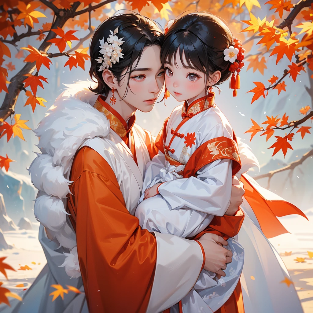 A one-year-old baby boy in white ancient Chinese baby costume with his beautiful mother, dressed in an white ancient Chinese costume, The backdrop is a mountain that turns orange-red in spring, and maple leaves fall from the trees, playing with each other, with his handsome father standing next to his mother, close up