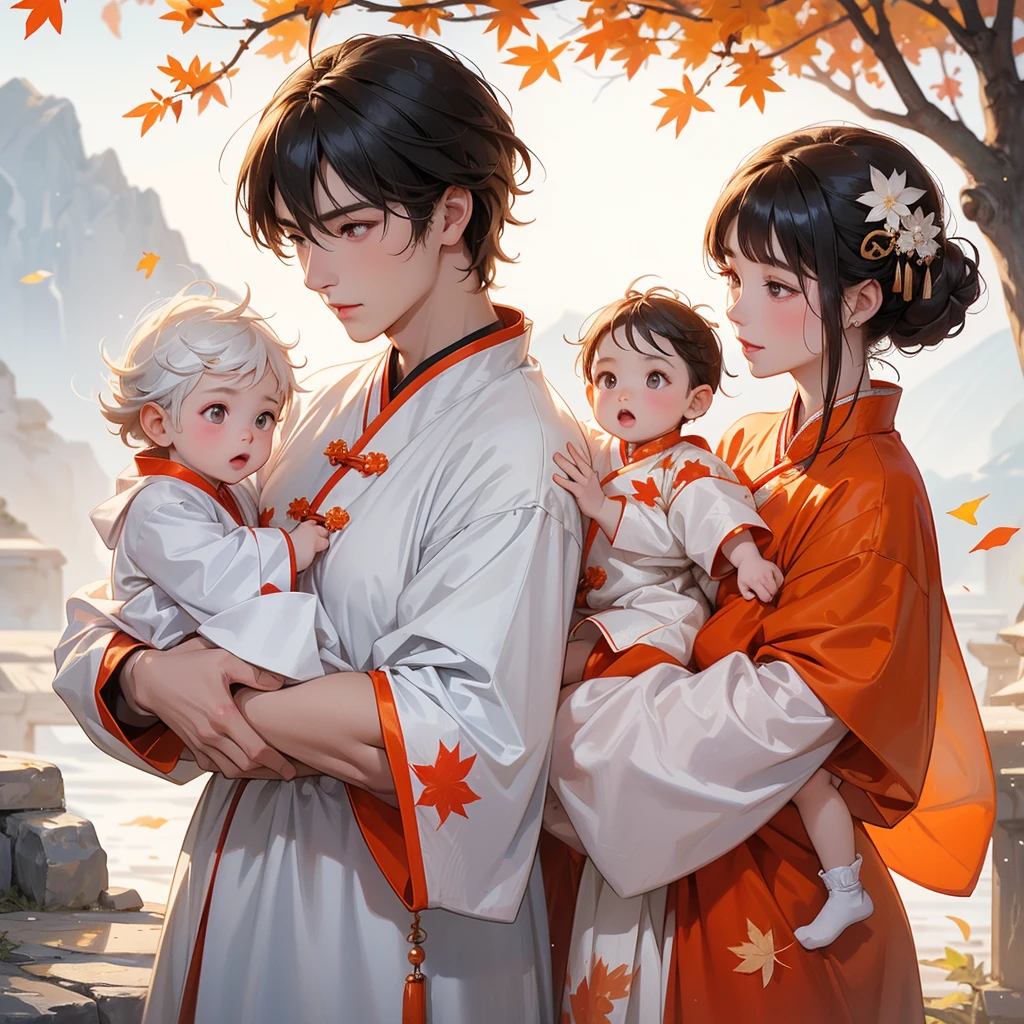A one-year-old baby boy in white ancient Chinese baby costume with his beautiful mother, dressed in an white ancient Chinese costume, The backdrop is a mountain that turns orange-red in spring, and maple leaves fall from the trees, playing with each other, with his handsome father standing next to his mother, close up