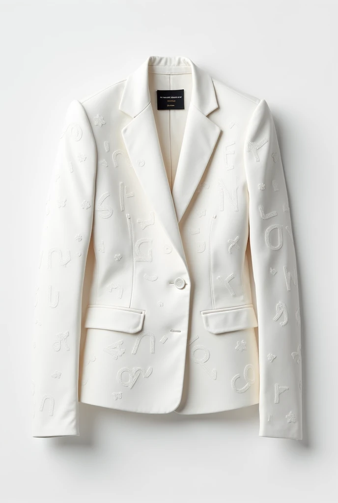 a white jacket with embroidered jumbled letters on it (white background)