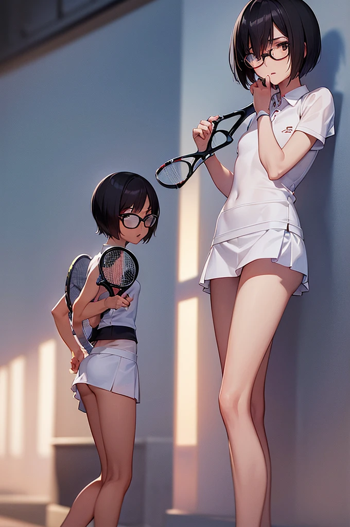 masterpiece, best quality,anime style, 1 girl,(((slender body))), (((small eyes))),(((tennis uniform,glasses))), (beautiful face), (((short hair))), (((straight hair))), ((((black hair)))),detailed beautiful skin, (perfect hands, perfect anatomy),scream