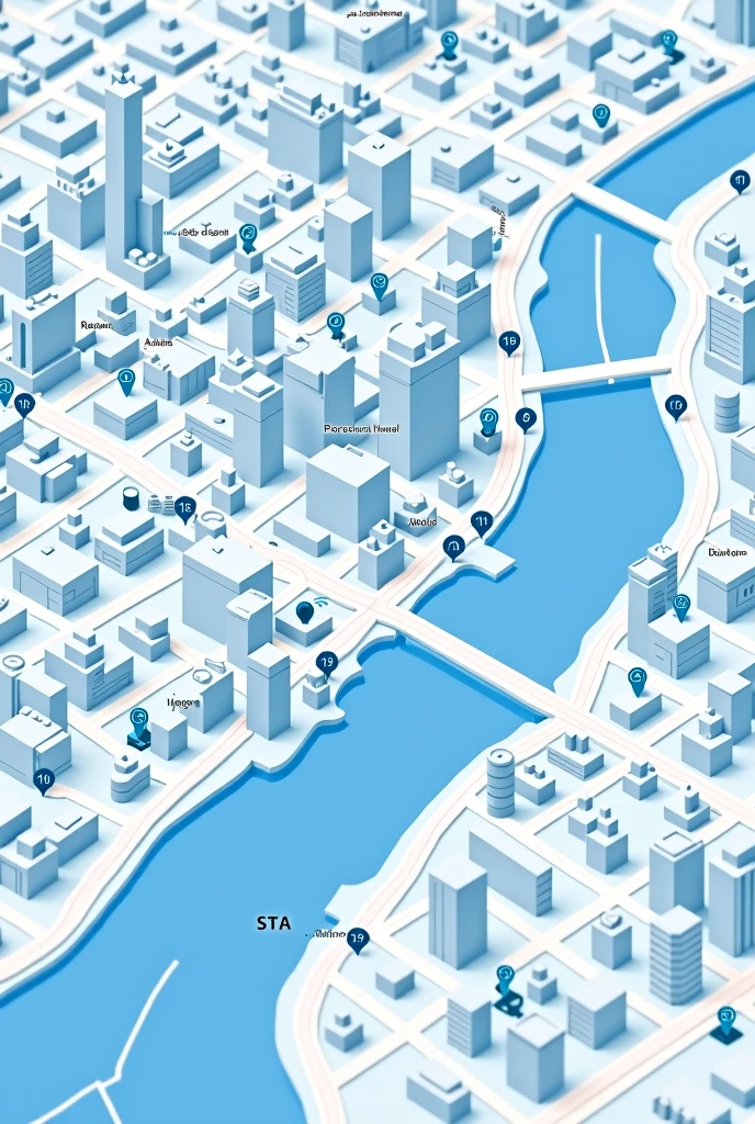 Create an image of a map in the style of Google Maps, showing a city with streets organized in a grid pattern. Use only light blue tones, avoiding any other colors. Include location icons for restaurants, parks, and hospitals, as well as street labels, all in varying shades of blue. Add details like a river running through the city, green areas represented as blue areas for parks, and small public transportation icons like buses and metro stations, all in blue hues. The image should have a clean and modern look, using only light blue tones to give a cohesive and monochromatic appearance.