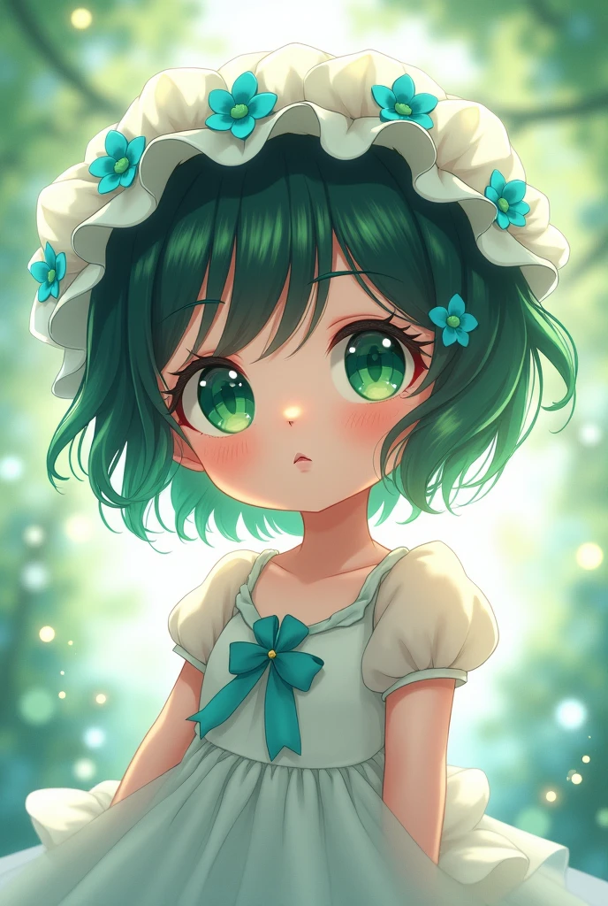 anime, child, small stature, For the blue, white clothes emerald green eyes