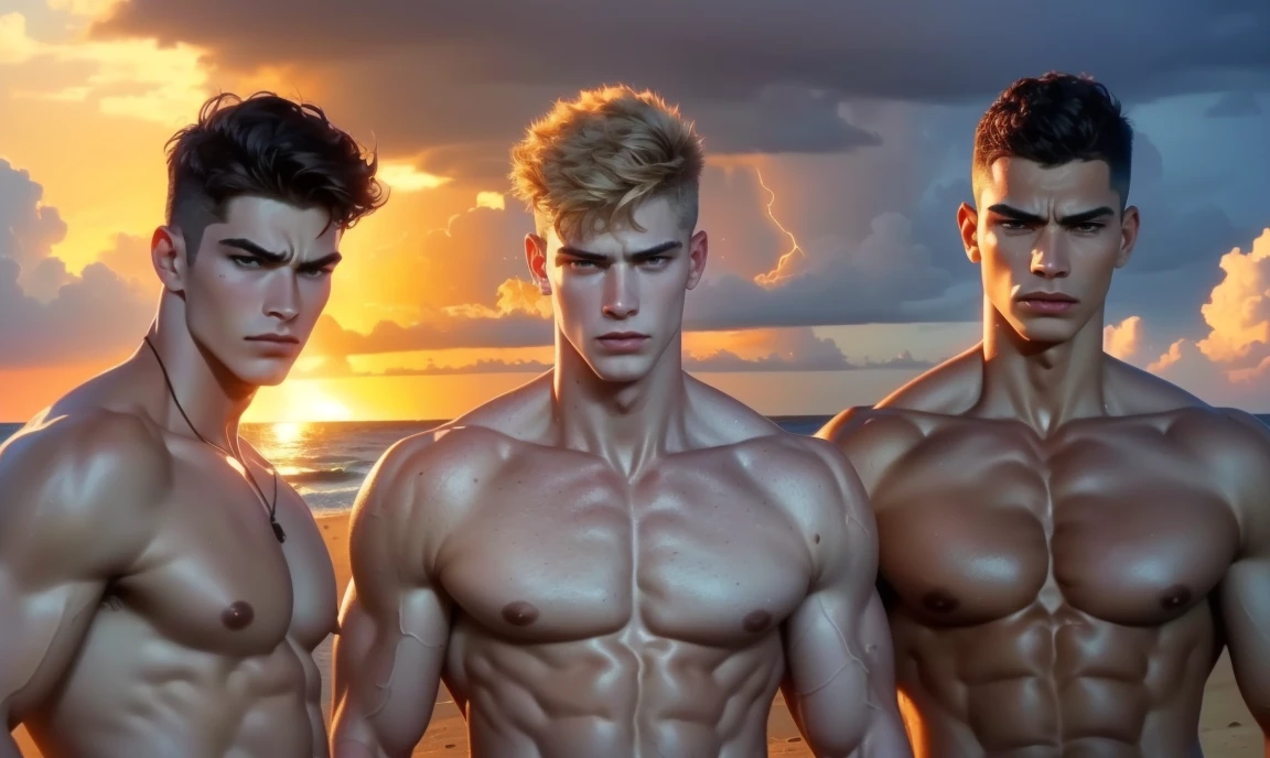 [((highly detailed, detailed eyes, detailed face, clear and realistic facial features, photorealistic, realistic light, cinematic)), ((((3 men)))), (((each man looks unique))), (((each man has a different natural hair color))), (((each man has different facial features))), (((each man has a different natural skin color))), ((((sexy male college-age jocks standing on the beach and looking angry or frustrated)))), ((wearing casual clothes)), ((beautiful deserted tropical island with a storm in background))]