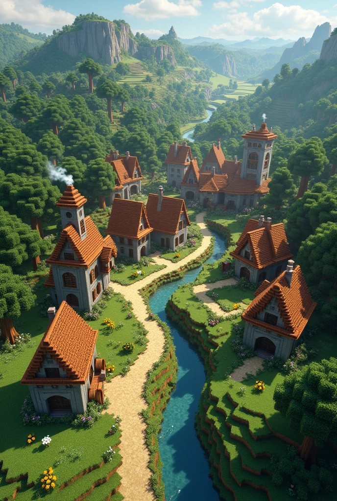 Aerial image of a medieval village in Minecraft  