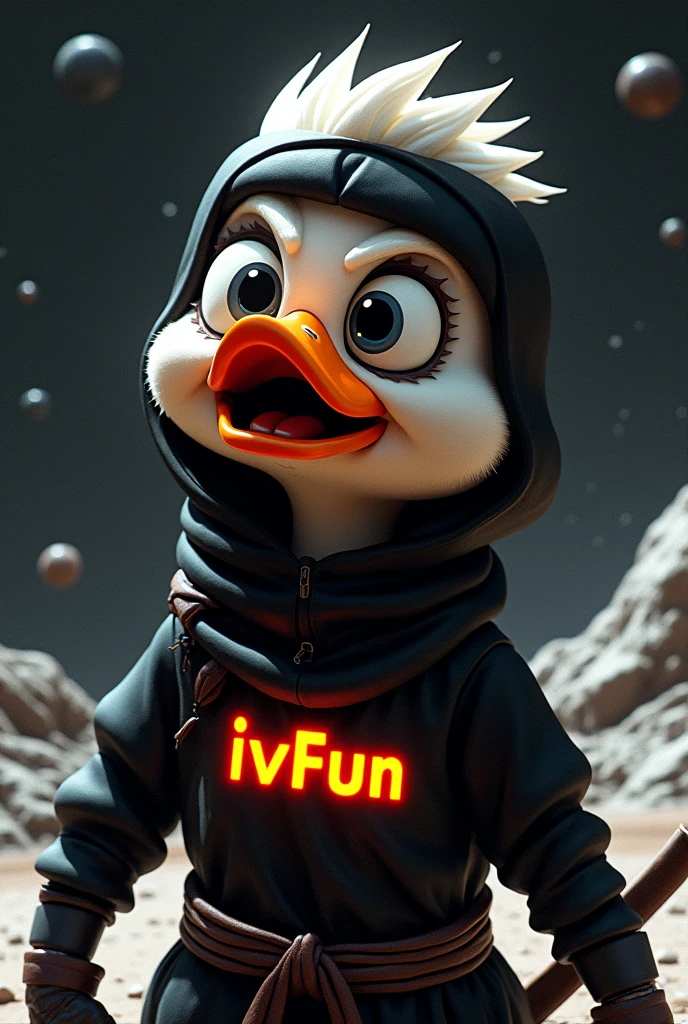 "Imagine a teenage ninja duck in the style of 'Sin City,' navigating the stark, high-contrast world of space. The duck wears a sleek, dark ninja outfit with a bright IVFun logo t-shirt, set against a graphic, noir-inspired cosmic backdrop. The background features deep blacks and striking whites, with occasional splashes of color highlighting distant stars, swirling nebulae, and shadowy planets. The duck’s expression is dramatic, with sharp, exaggerated features showing a blend of shock and thrill. Its wide eyes and open beak convey intense surprise as it stares at a massive, glowing dollar sign that hovers in front of it. The entire scene combines the gritty, stylized aesthetic of 'Sin City' with the excitement of a financial windfall in a visually striking, high-contrast universe." 8k