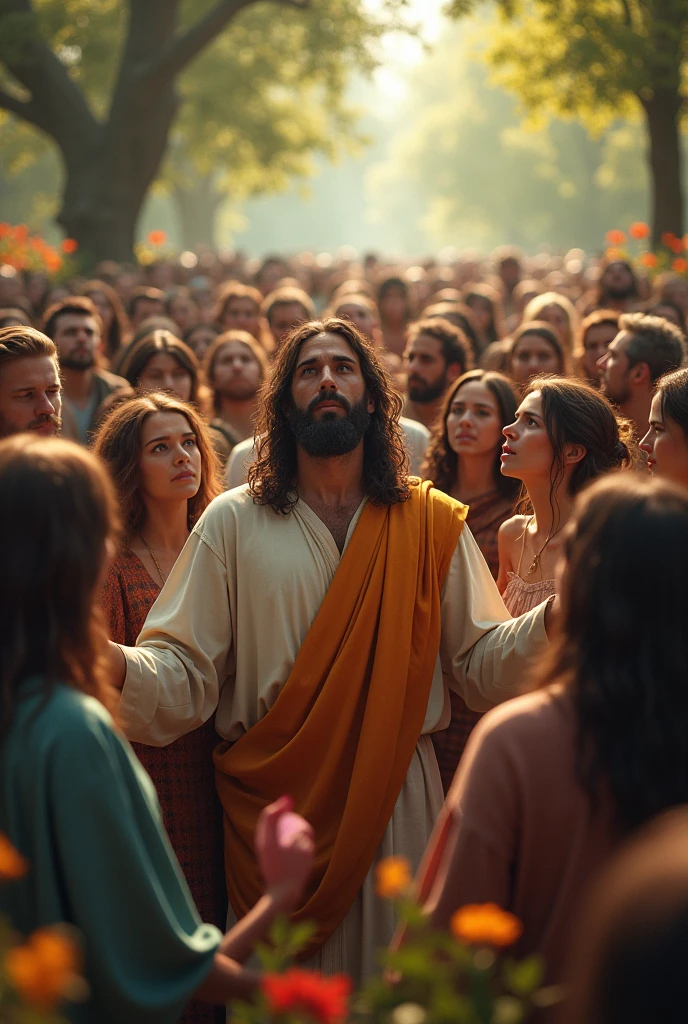 A group of people of different ages and backgrounds gathered in a peaceful setting, all looking hopeful and attentive, with Jesus in the center, surrounded by natural beauty like trees and flowers, in a hyper-realistic style with a focus on the diversity of expressions, wide shot, photo realism, cinematography