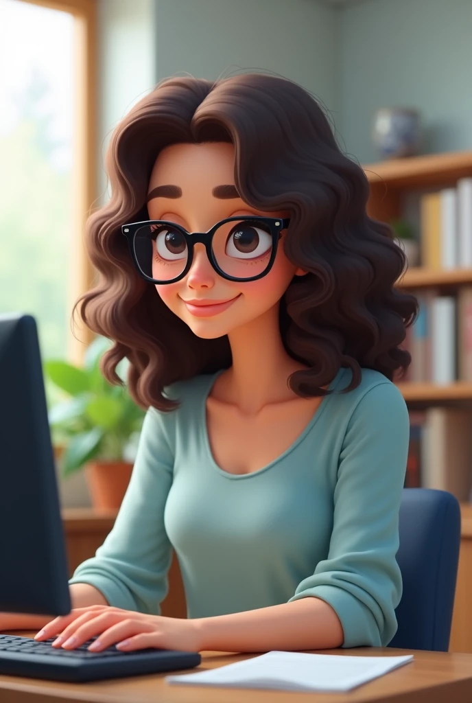 Brunette curly girl with glasses in virtual class animated not so animated puts a computer