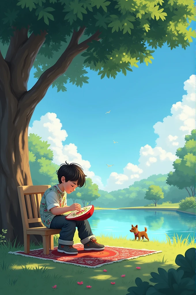 Embroidery knitting patterns,A boy in casual clothing is sitting under a tree in a public park, with a chair placed by the pond. The sky is clear with a few scattered clouds, and a dog is playing nearby, design embroidery colours on clothes,32k, --ar16:9--