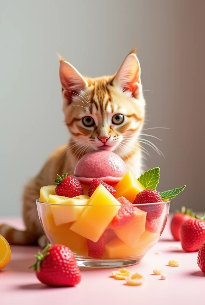 (masterpiece), Highest quality, Highest quality, Diced Fruit Bowl Ice Sorbet、Cat eating、
