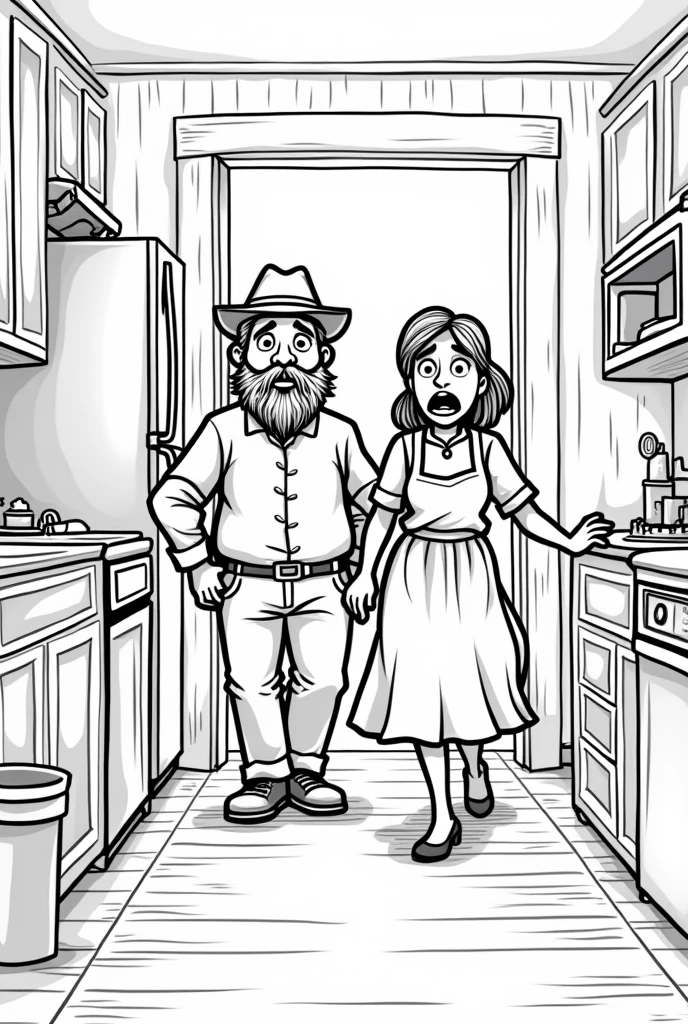 Create a black and white drawing , easy to draw, of a slightly older, worried-looking farmer man with a beard and hat , and a worried woman with her mouth open running to pick up things , both do them inside the house , Place objects in the room and make both of them have their mouths open as if they were talking., Don&#39;t open your mouth so much, make the man less fat. 