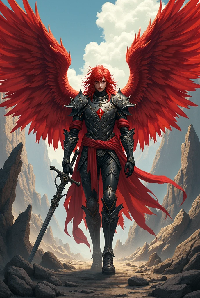 a young male celestial angel with red wings and long red hair, in war clothes against the backdrop of an apocalyptic setting full of rocks in the Japanese manga style