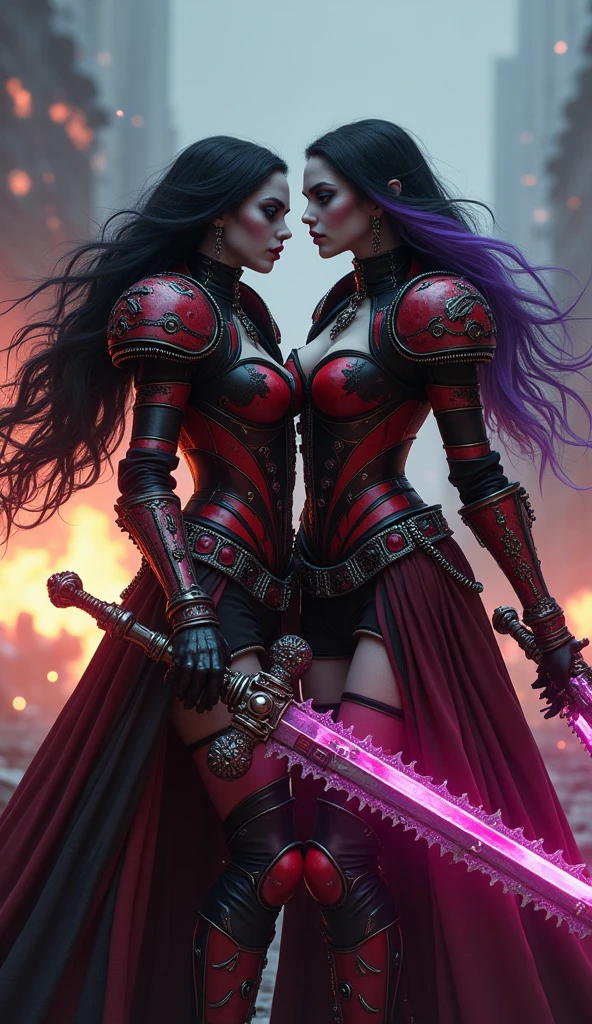 Full body pose sisters of battle from the warhammer 40k, red, black and white armor, religous symbols on the armor, sisters of battle, warhammer 40k, Massive silicone breast, pale skin, seductive, temptation, eat your soul, clevage, long flowing black hair with purple highlights, heavy gothic makeup, at night, neon, most beautiful intricate detailed glowing chainsaw sword ,beautiful detailed eyes, beautiful detailed lips, extremely detailed eyes and face, long eyelashes, highly detailed armor, intricate weaponry, dramatic lighting, cinematic composition, muted color palette, gritty and realistic, mecha, science fiction, hyper-detailed, photorealistic, award winning digital art, 8k, HDR, masters work, in the middle of a battle field, full body combat pose, explosions and fire around, full war, stunning, Stilleto heels, high heels, full body pose,