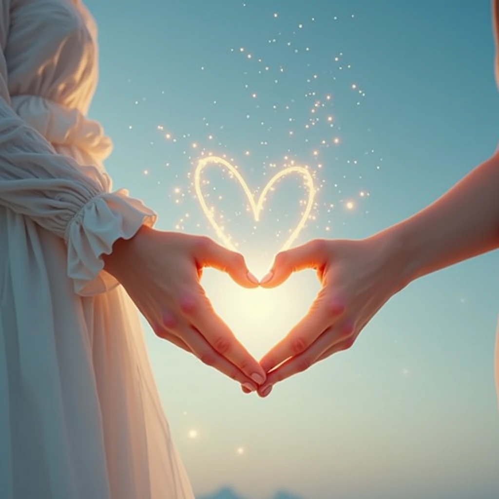 Male and female fingers、The sparkle of a heart drawn by two people、The heart I draw in the sky with my fingertips is sparkling