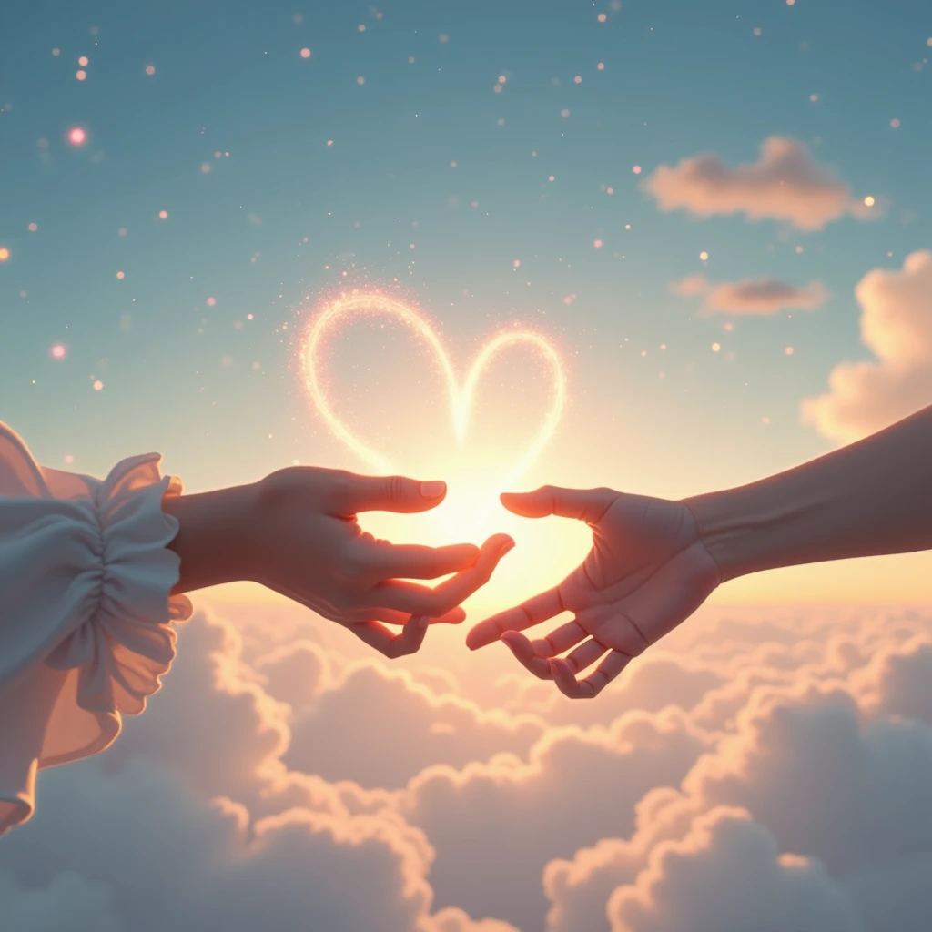 Male and female fingers、The sparkle of a heart drawn by two people、The heart I draw in the sky with my fingertips is sparkling