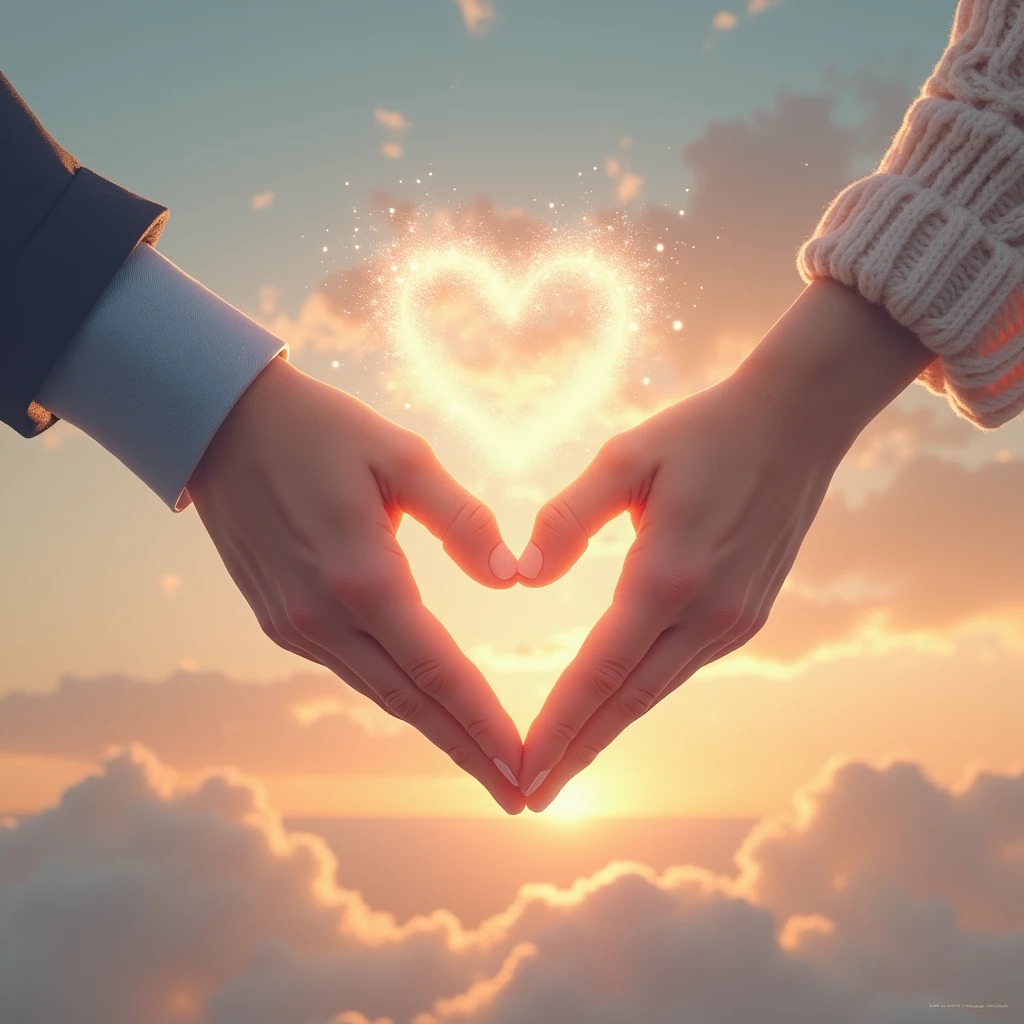 Male and female fingers、The sparkle of a heart drawn by two people、The heart I draw in the sky with my fingertips is sparkling