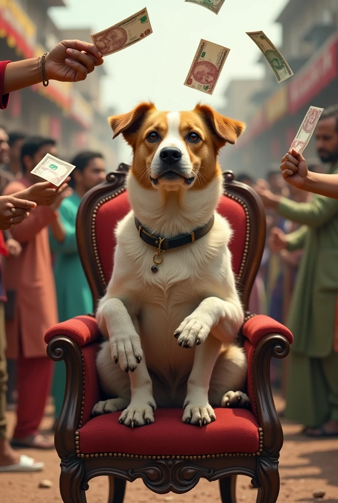Dog sitting on chair and giving money to Pakistani Crowd  