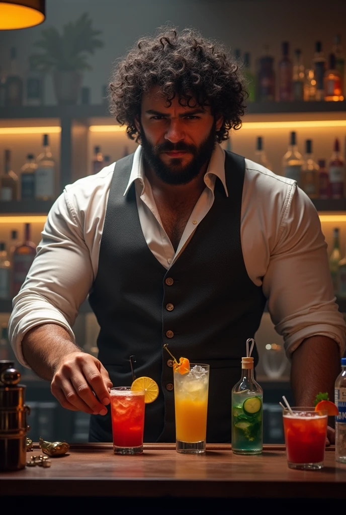Tall muscular curly haired bartender behind his serving drinks 