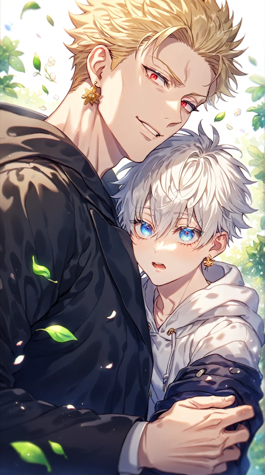 absurdres, highres, ultra detailed, HDR, master piece, best quality, extremely detailed, detailed eyes, detailed face, Gilgamesh, blonde hair, golden earrings, expressive red eyes, Fate Grand Order, Gojou Satoru, white hair, expressive blue eyes, white eyelashes, a manly man together with a boy of ten years old, yaoi, gay couple, handsome, fantasy, black coat, white hoodie, forest, green leaves, flowers, petals, magical, Jujutsu Kaisen