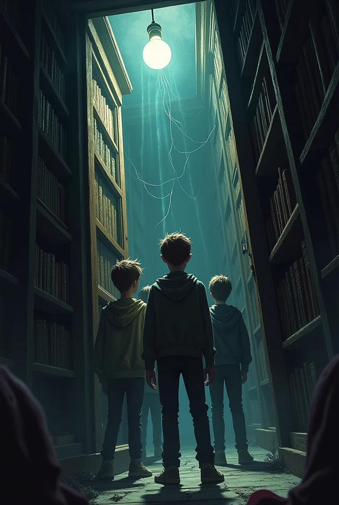 A claustrophobic, dusty library filled with ancient books and cobwebs. The heavy, wooden doors have just slammed shut on their own, trapping a terrified group of boys inside. The room is dimly lit by a single flickering bulb, casting unsettling shadows that seem to move on their own. The cold air is thick with tension, and an eerie silence has fallen, broken only by the distant creak of a book falling from the shelf. This image should evoke a strong sense of fear and panic, as if the boys are surrounded by a malevolent presence
