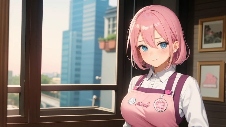 cute, sexy blue eyes, pink hair girl, pink apron, sweet, big breast, blushed face, perfect, waifu, perfect light, scenery, sexy