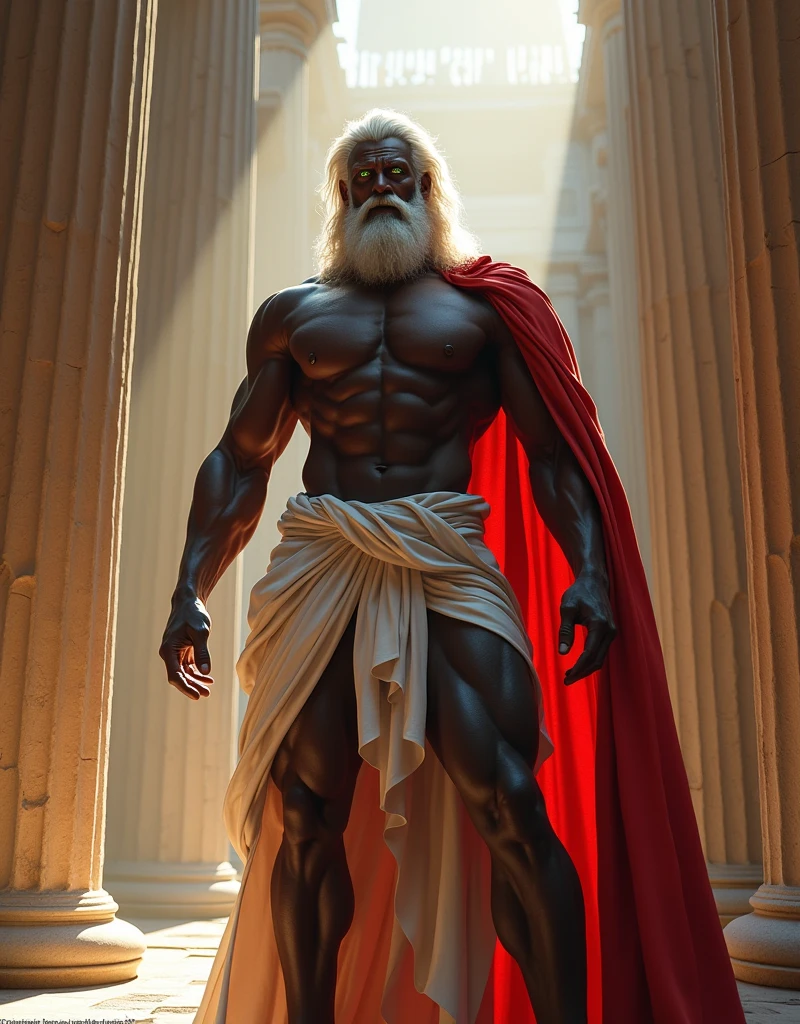 Male Titan, dark skinned muscular body, hairy chest, white hair, green eyes, red greek cloak clothing, white toga, naked, visible member, amazing lighting, greek temple.