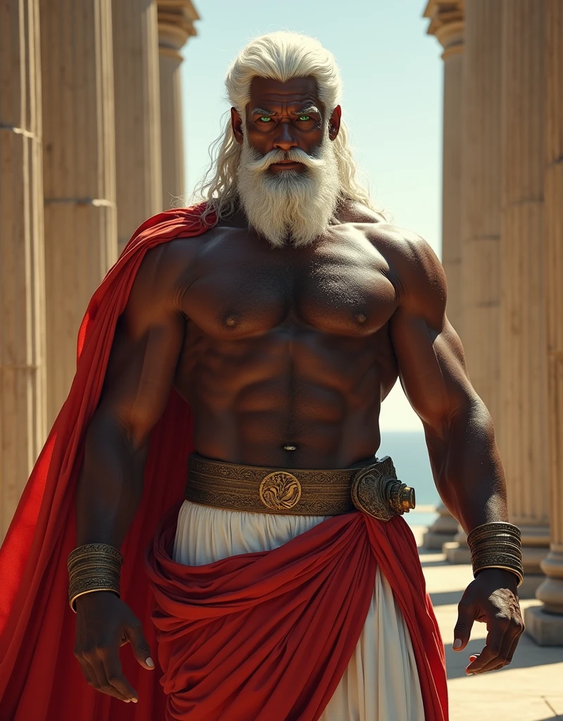 Male Titan, dark skinned muscular body, hairy chest, white hair, green eyes, red greek cloak clothing, white toga, naked, visible member, amazing lighting, greek temple.