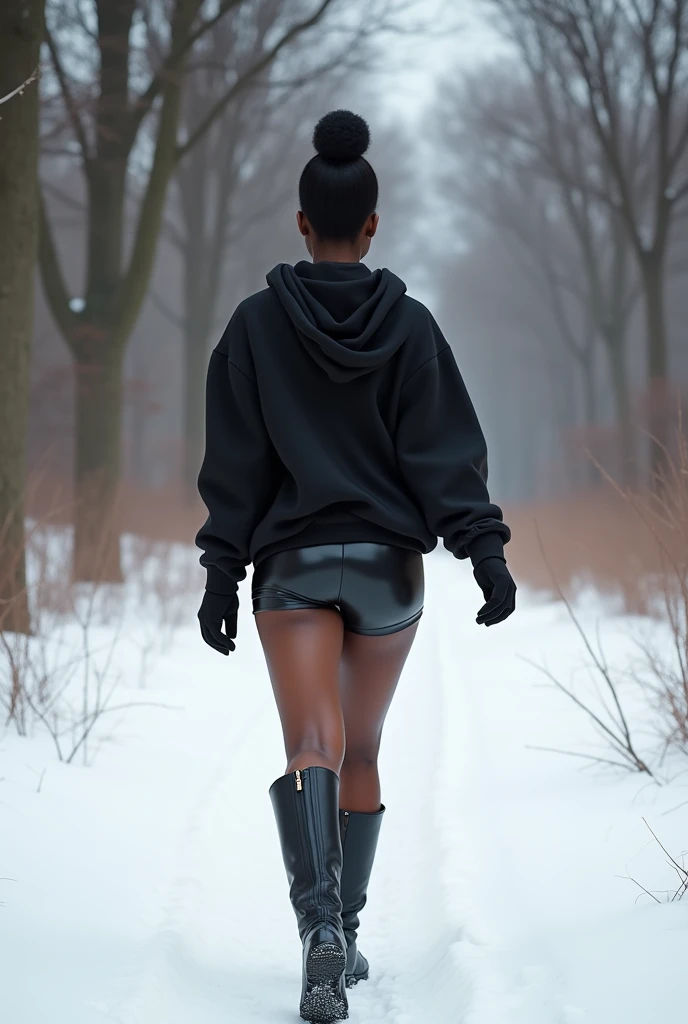 Black woman wearing leather short shorts and black hoodie hair in a bun walking in the snow in the woods wearing leather boots backside view