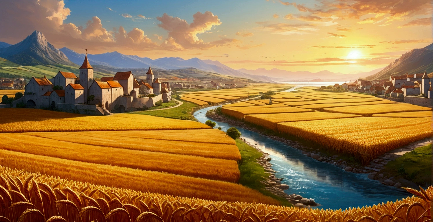 high fantasy, countryside, wast ocean to the right, mountains in the far distance, sunset behind mountains, overlooking from up high, golden wheat fields, port medieval fantasy city, river flowing through the town,