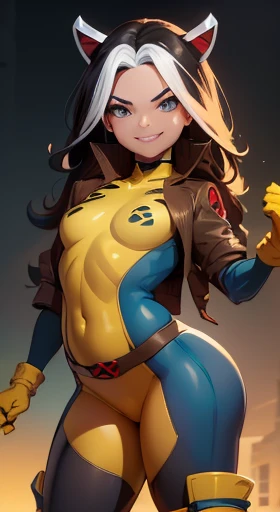 (Mejor calidad,8K,ultra detallado),(illustration,comic), Black WOLVERINE woman SHOWS her claws in tiny X-MAN UNIFORM with very small breasts and a mischievous smile,cuerpo mojado,pelo largo, dark fantasy,colores vibrantes,Renderizado 3D,pintura