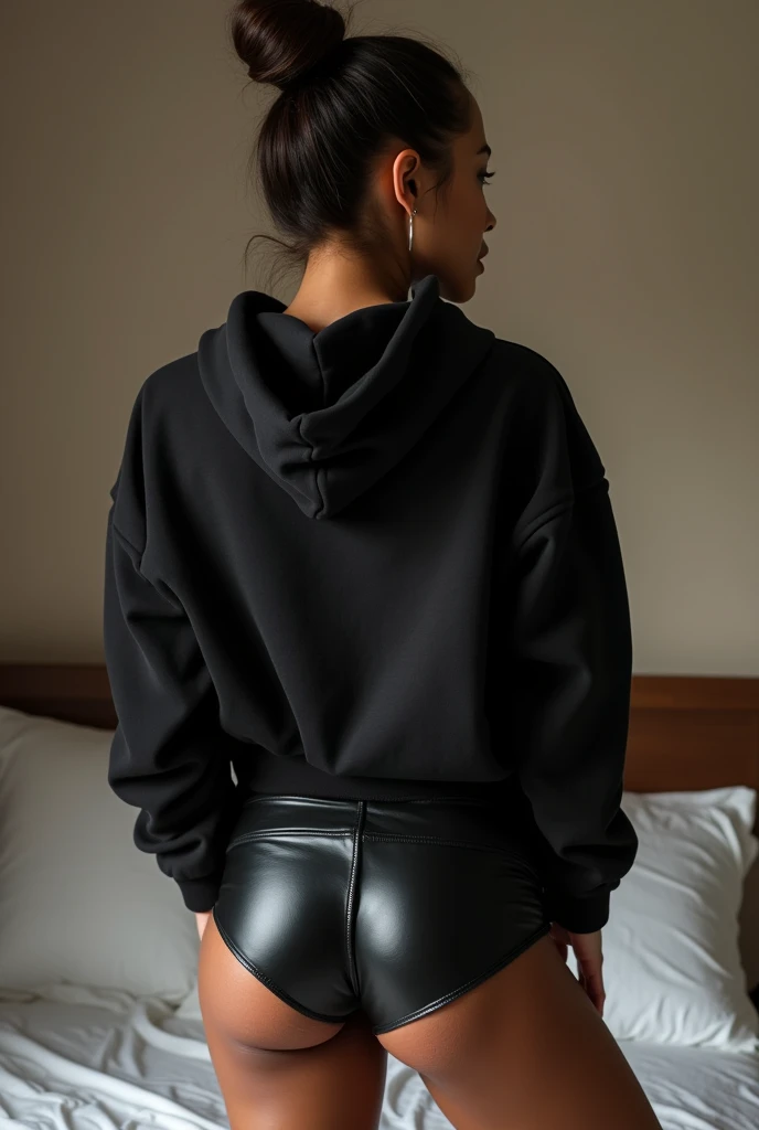Black woman hair in a bun black hoodie black leather short shorts Taken off her clothes in her bedroom , pulling down her little black leather short shorts below her legs porn