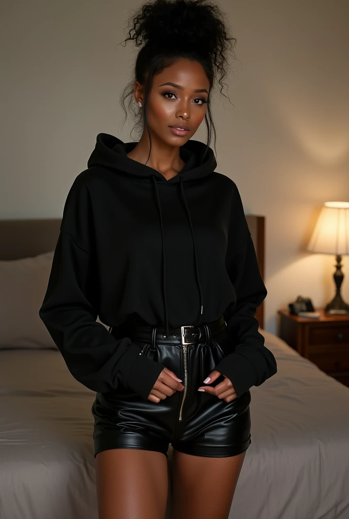 Black woman hair in a bun black hoodie black leather short shorts Taken off her clothes in her bedroom , pulling down her little black leather short shorts below her legs porn