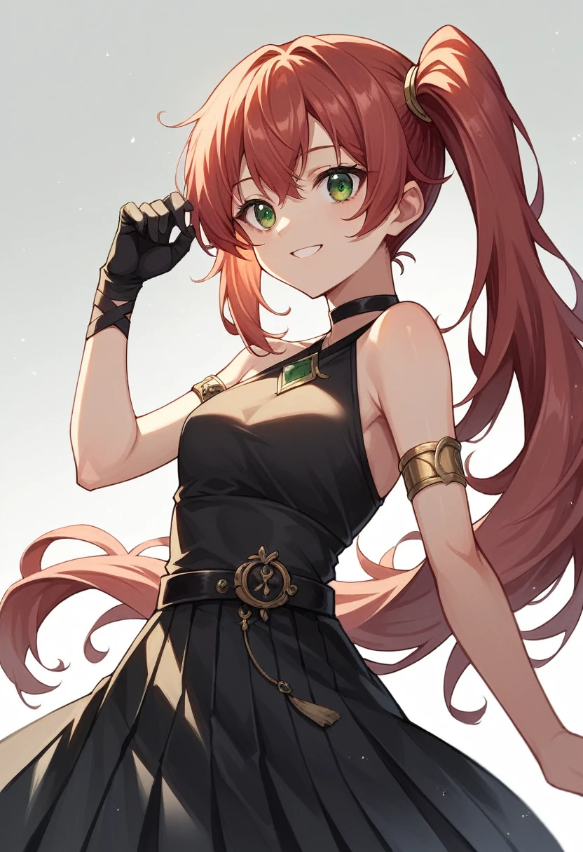 1girl, A masterpiece digital art, anime style, Kita Ikuyo, long hair, halterneck, black choker, armlet, arm strap, bare shoulders, black gloves, single glove, black dress, sleeveless dress, pleated dress, black belt, calflet, side ponytail,score_9, score_8_up, score_7_up, score_6_up, anime, (high quality, detailed, beautiful), shiny, detailed beautiful eyes, outstanding, detailed soft lighting,solo, dynamic pose,smile,green eyes, red hair