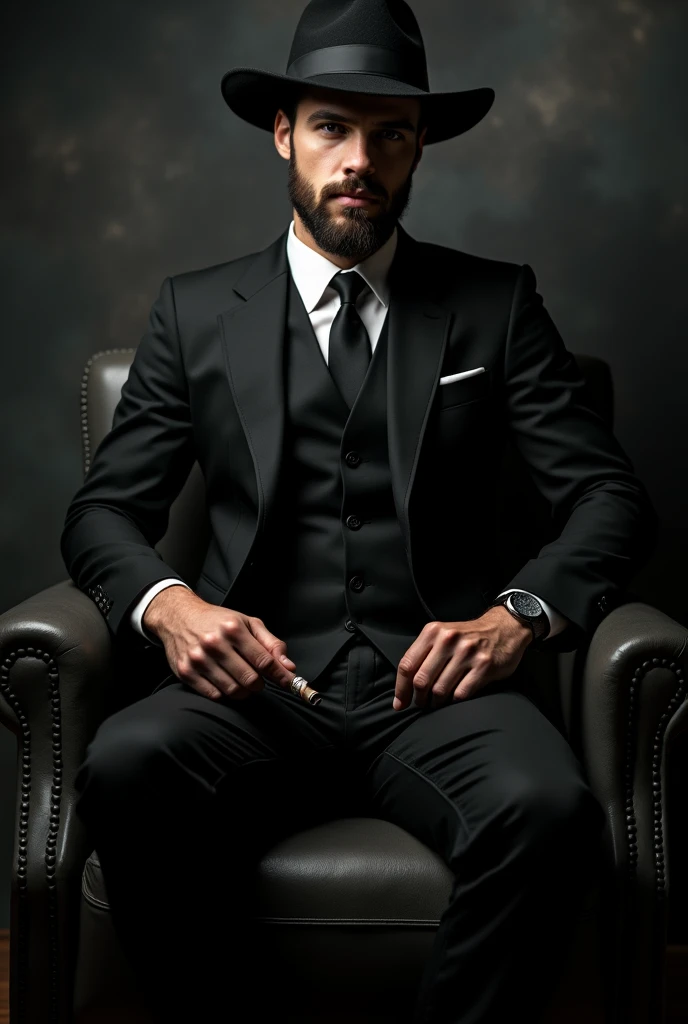 Masterpiece, detailed, 8k, a delicate and graceful full body image of a young handsome mafia, wearing black suit and hat, beard, holding a smoking cigar, sitting on a chair, night vibes, fierce look, big penis inside thight pants