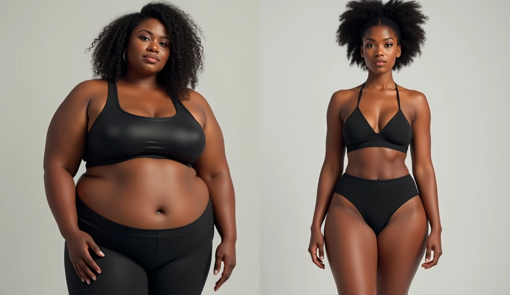 A BLACK Brazilian woman, before and after weight loss, she in fat form, and in athletic form 