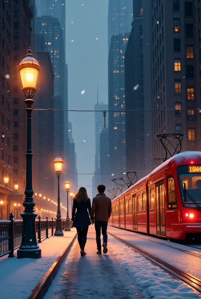 A couple walking in the evening through the streets of New York City, with a red train moving behind them. The scene is surrounded by the city's tallest buildings, with streetlights blinking, and snowfall adding a magical touch. It's a picturesque and romantic setting, perfect for a moment of calm in the bustling city.