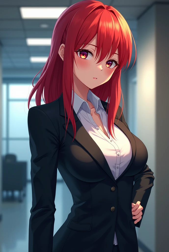 (high quality,Very detailed:1.37, High resolution), 2d, anime, anime style, anime source, Woman, Erza, red hair, business suit, pencil skirt, (long pencil skirt:1.5), pantyhose, cleavage, hair over one eye, large breasts, long hair, looking at viewer, brown eyes, masterpiece, best quality, (wetting herself:2.0), embarrassed, humiliation, blushing, standing, (arms behind back:1.5), bondage, bound