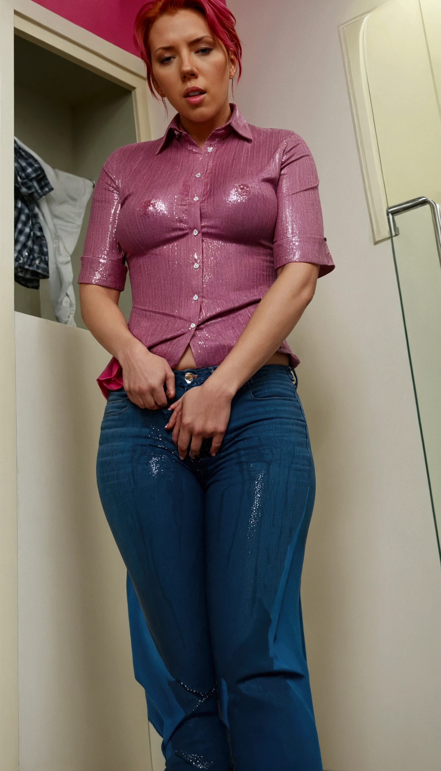 Scarlet Johansson, with red hair, and perfect large breasts and a perfect large butt, in tight blue jeans, and a pink shirt, peeing her jeans, big dark pee stain, glittering wet fabric,